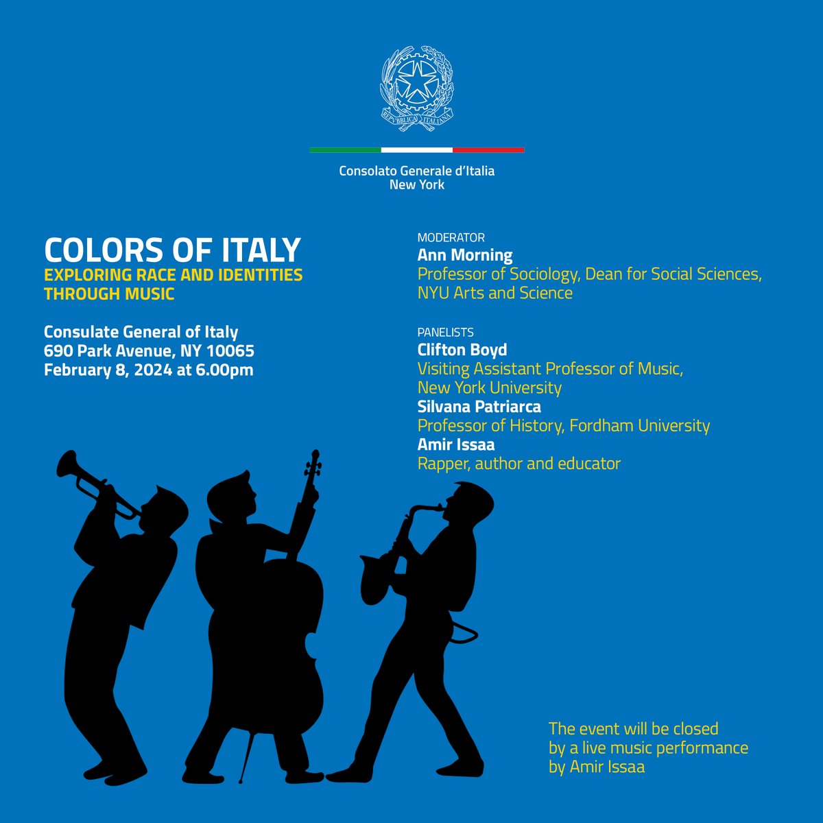 Safe to say this will be my first time on stage with a rapper! Check out 'Colors of Italy: Exploring Race and Identities Through Music' on Feb 8 at the Italian Consulate General in NY, performance by Amir Issaa. To register: fienta.com/colors-of-ital…