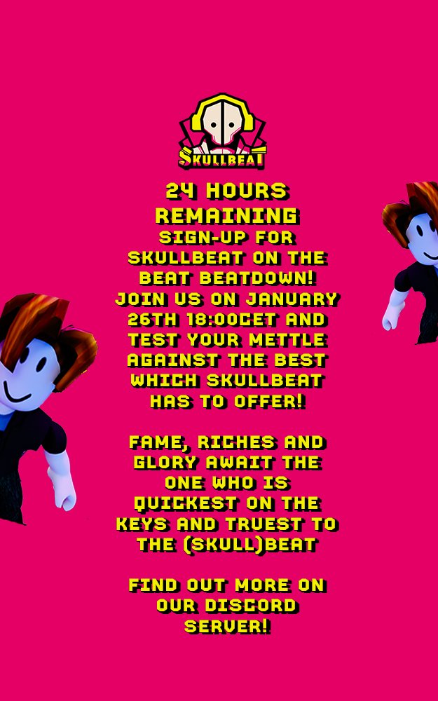 🎉 Almost 24 hours left until #SkullbeatBeatBeatdown! 🕺💀 Join for a chance to WIN 30,000R$ on Jan 26, 18:00 CET, Discord. 💃🌟 Learn more: discord.gg/PDyu36fHws #Robux #Rhythmgame #robuxgiveaway #Skullbeat 🎶