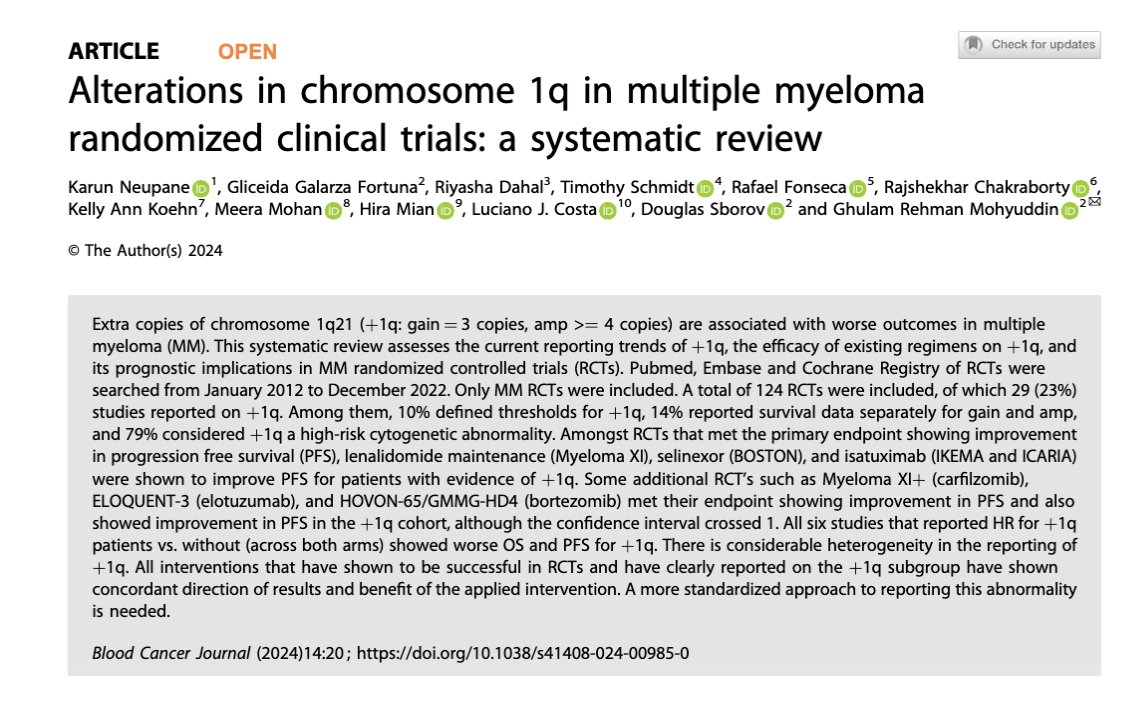 ManniMD1's tweet photo. Led by @KarunNeupaneMD and just out in @BloodCancerJnl, our systematic review on what myeloma RCT's teach us about Gain1q (reporting, prognosis etc)

https://t.co/VczcprEugY

We looked at all published MM RCT's over 10 yrs here is a brief 🧵highlighting what we found

#mmsm

1/ https://t.co/v7CHS0YEf3
