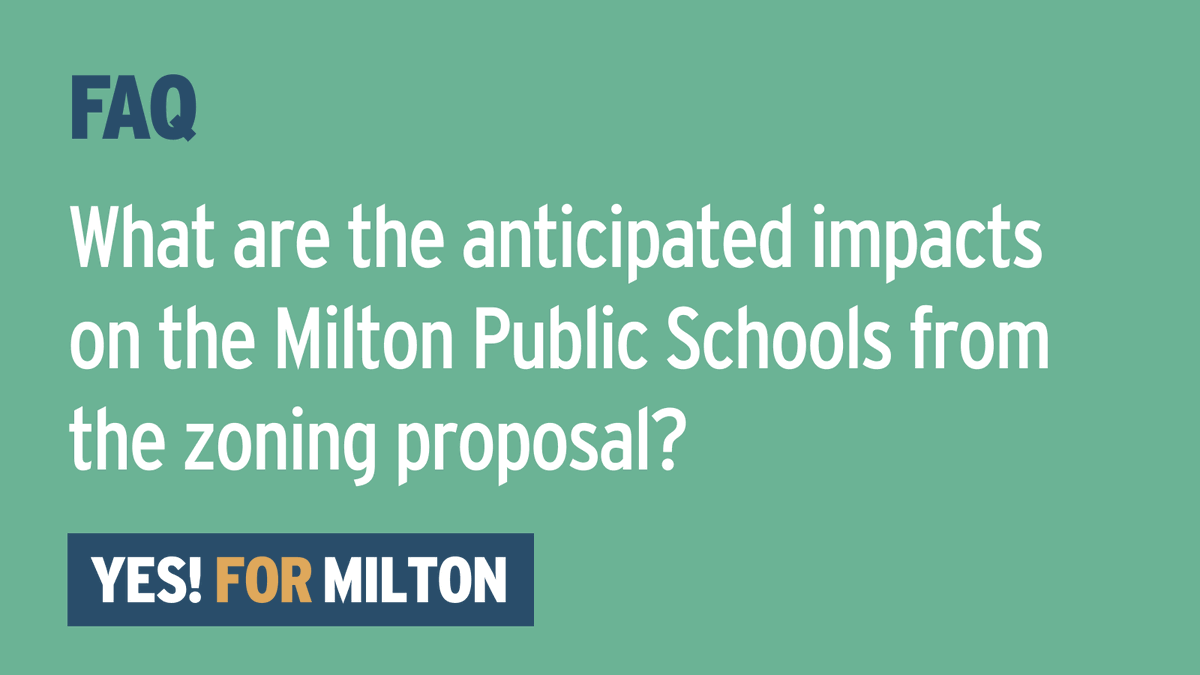 yesformilton's tweet photo. FAQ: What are the anticipated impacts on the Milton Public Schools from the zoning proposal? A: The Town's consultant, RKG, examined the impact of a full build out of the proposed zoning and found that it would add 265 school aged children to the district. (1/4) https://t.co/CFnlM0xoKr
