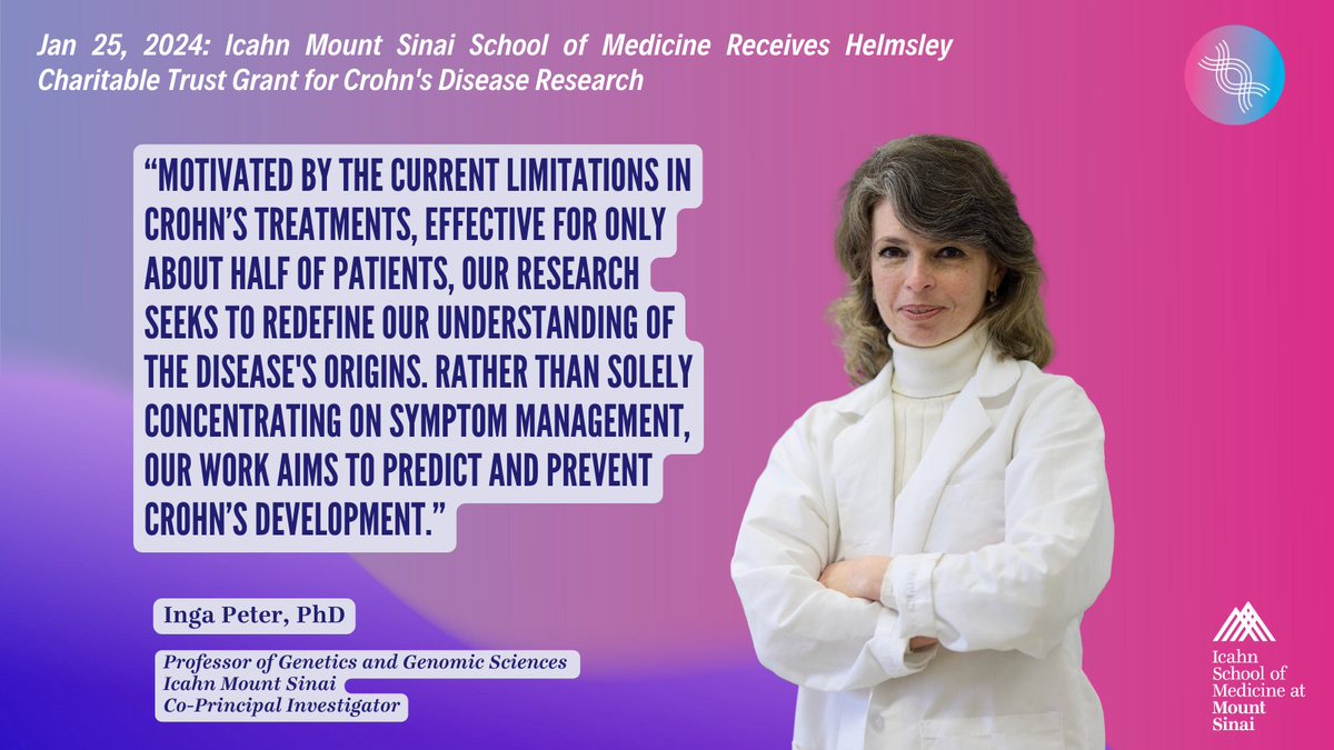 SinaiGenetics's tweet photo. A movement towards a healthier future for #CrohnsDisease patients, the #PROMISEConsortium explores early detection through omics, microbiome &amp; immune system analysis. Our goal: to move beyond symptom management to predict &amp; prevent: https://t.co/307Zelp2Fj #CrohnsResearch https://t.co/xE4ksiCnpy
