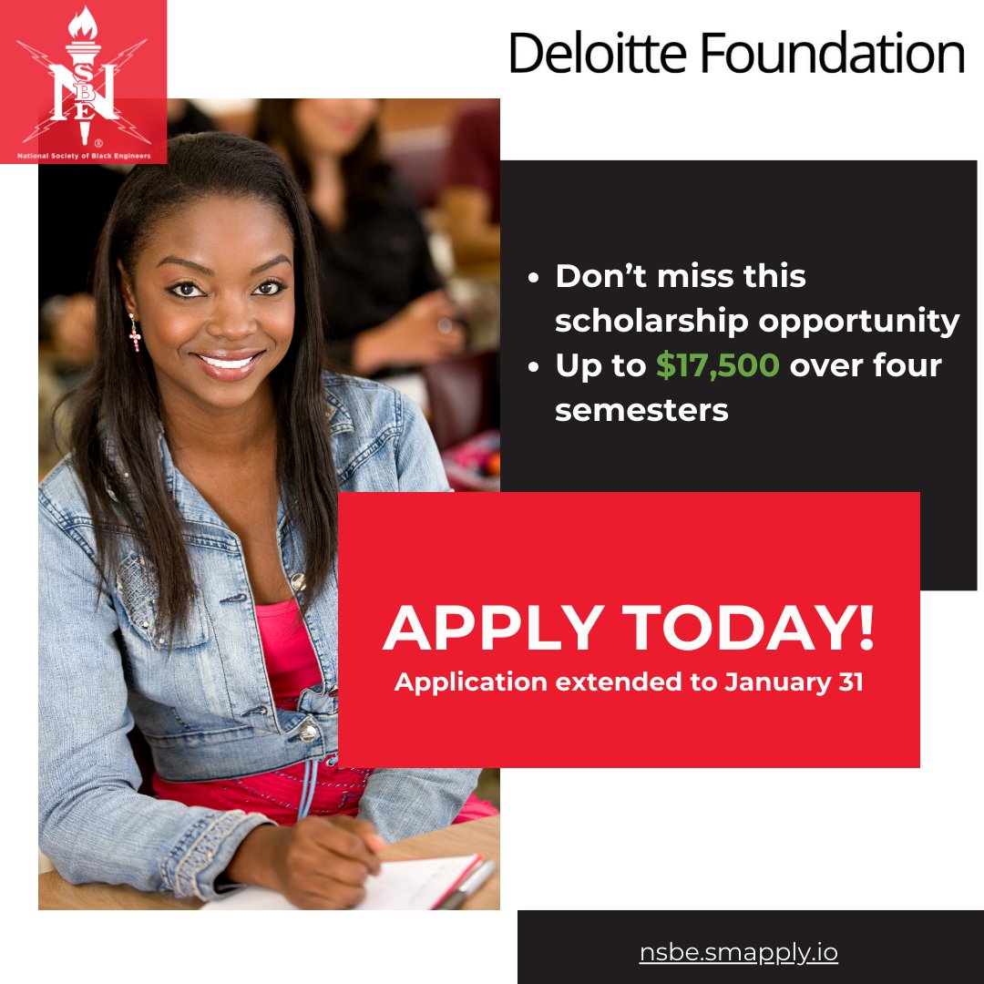 DEADLINE EXTENDED!!! 📚🎓 SCHOLARSHIP OPPORTUNITY: The Deloitte Foundation is offering up to $17,500 in scholarships over the span of four semesters! Don't miss out on the opportunity to be a recipient - apply and learn more, here: hubs.la/Q02hJdXq0 #deloittefoundation