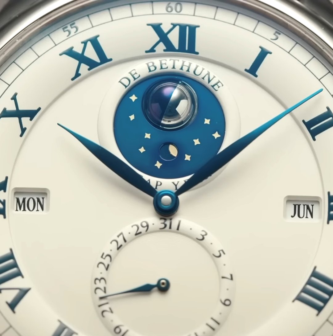 The De Bethune DB15

~ Functions: Perpetual Calendar – Leap Year – Moon Phase 
~ Case: 43.4mm – White Gold – 12mm Thick
~ Water Resistance: 30M
~ Movement ( Caliber DB2004) 5 Day Power Reserve – Hand Wound – 28,800 vph Frequency – 27 Jewels
~ MSRP: £115,000