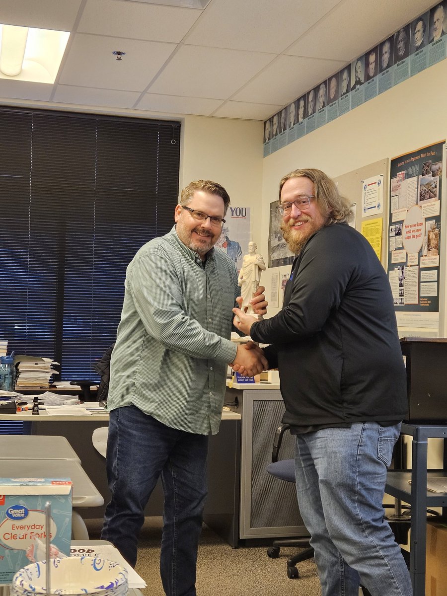 First department meeting of the semester means Freddie Falcon and Socrates Awards! Well deserved, Mr. Abell and Mr. Christopher! Thanks for all you do for our students and our profession @OlatheSouthHS @OPSSocStudies #majoraward #Iworkwiththebest