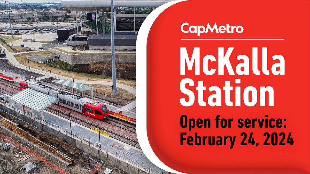 All Ride All Ride All Ride!

Happy to announce that McKalla CapMetro Rail Station will officially be in service beginning Saturday, February 24, 2024.

A ton of hard work and collaboration with our partners went into this project to improve commutes, access to amenities, &amp; of