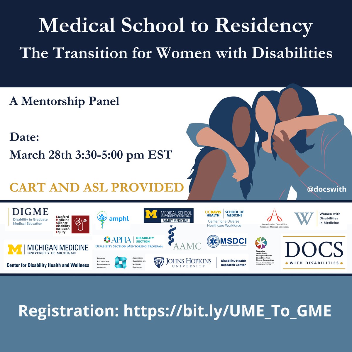 1/5 🌟 FREE EVENT 🌟 You're invited to the Women with Disabilities in Medicine (WWDIM)/Disability in Graduate Medical Education (DIGME) Panel hosted by the @docswith and @UMDisabilityCtr #DocsWithDisabilities #AccessInMedicine #MedTwitter #MedEd Register: bit.ly/UME_To_GME