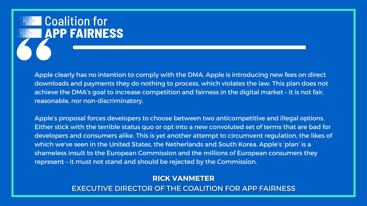 Coalition for App Fairness (@appfairness) on Twitter photo Apple clearly has no intention to comply with the DMA...
Apple’s ‘plan’ is a shameless insult to the European Commission and the millions of European consumers they represent – it must not stand and should be rejected by the Commission. <a href="/RVMky/">Rick VanMeter</a>: Apple clearly has no intention to comply with the DMA...
Apple’s ‘plan’ is a shameless insult to the European Commission and the millions of European consumers they represent – it must not stand and should be rejected by the Commission. <a href="/RVMky/">Rick VanMeter</a>: