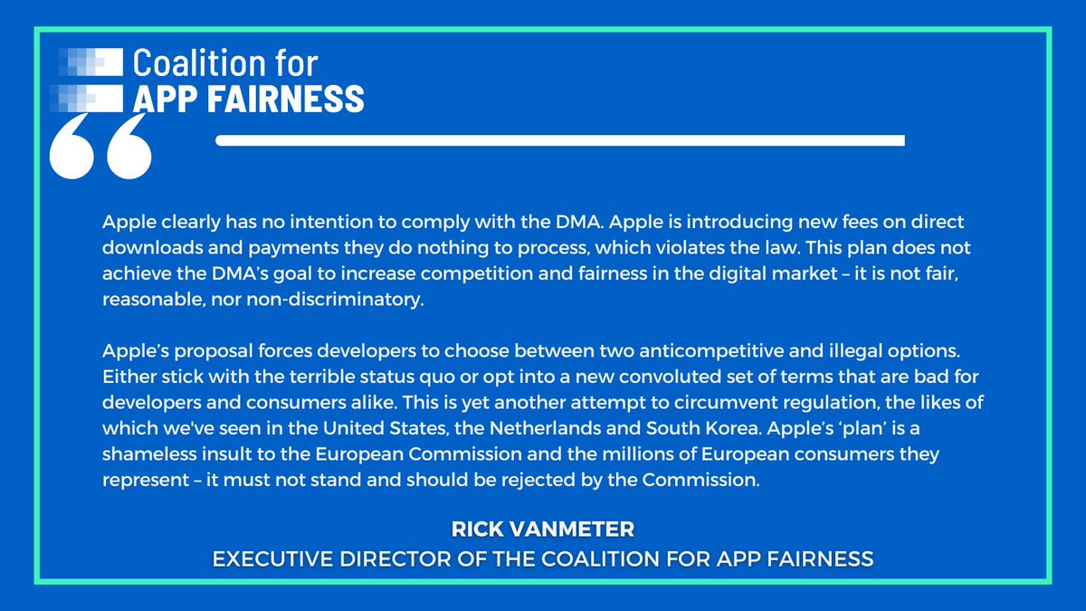 Apple clearly has no intention to comply with the DMA... Apple’s ‘plan’ is a shameless insult to the European Commission and the millions of European consumers they represent – it must not stand and should be rejected by the Commission. @RVMky: