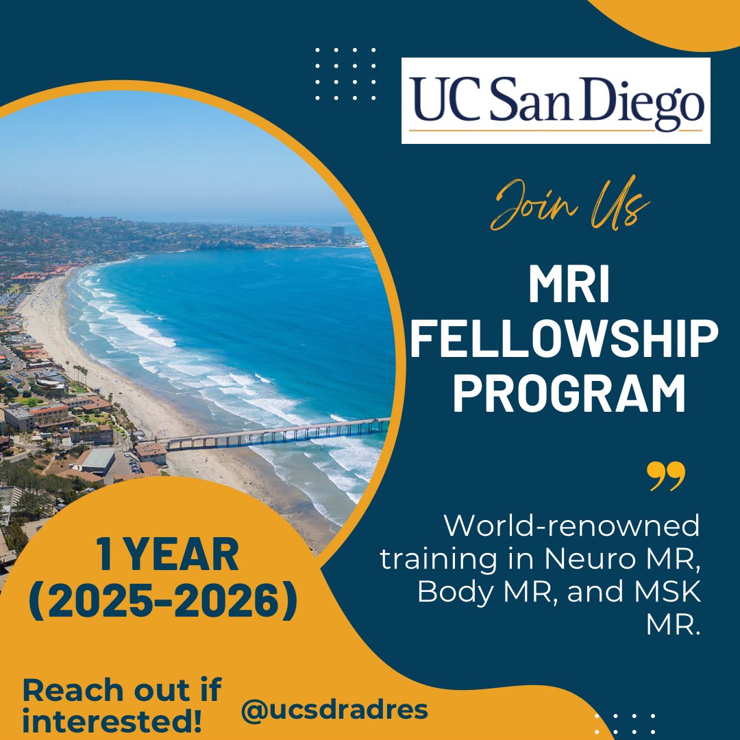 UCSDRadRes (@ucsdradres) on Twitter photo Please reach out if you are completing your radiology residency at an ACGME accredited institution & you are interested in a 1-year (‘25-‘26) MRI Fellowship program at UC San Diego which offers world renowned training in Neuro MR, Body MR, & MSK MR. <a href="/UCSDImaging/">UCSD Imaging</a> Please reach out if you are completing your radiology residency at an ACGME accredited institution & you are interested in a 1-year (‘25-‘26) MRI Fellowship program at UC San Diego which offers world renowned training in Neuro MR, Body MR, & MSK MR. <a href="/UCSDImaging/">UCSD Imaging</a>