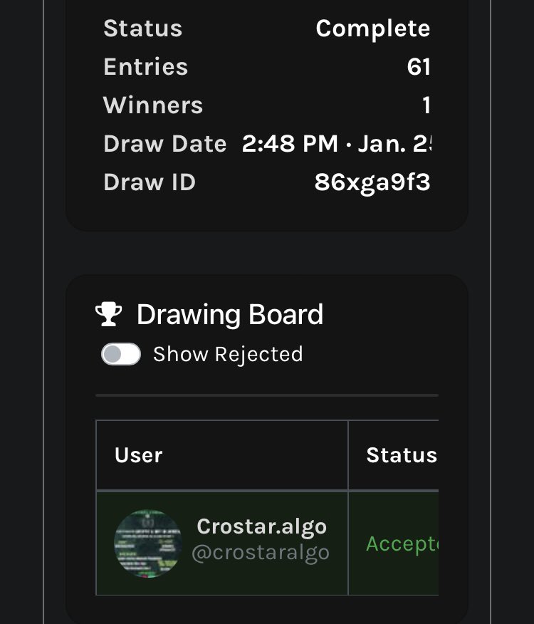 Congrats <a href="/crostaralgo/">Crostar.algo</a> you won the Puffer ! 🥳