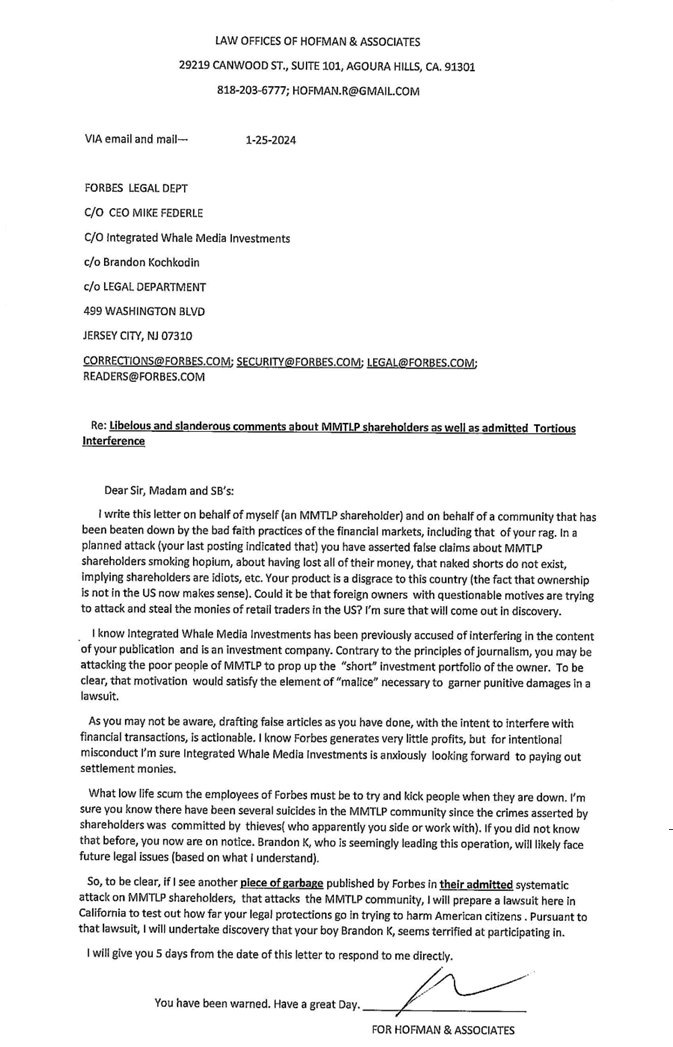 JunkSavvy's tweet photo. 🔥🔥🔥$MMTLP Investor and Attorney @Rahraw999 issues scathing rebuke of @Forbes @bobivry and @b_kochkodin for their unbridled and false attacks on the investors of $MMTLP #NBH. Cites libelous and slanderous comments and Tortious Interference.
#MMTLPArmy #MMTLPFiasco #PayToPlay https://t.co/Ak9aTyFodZ