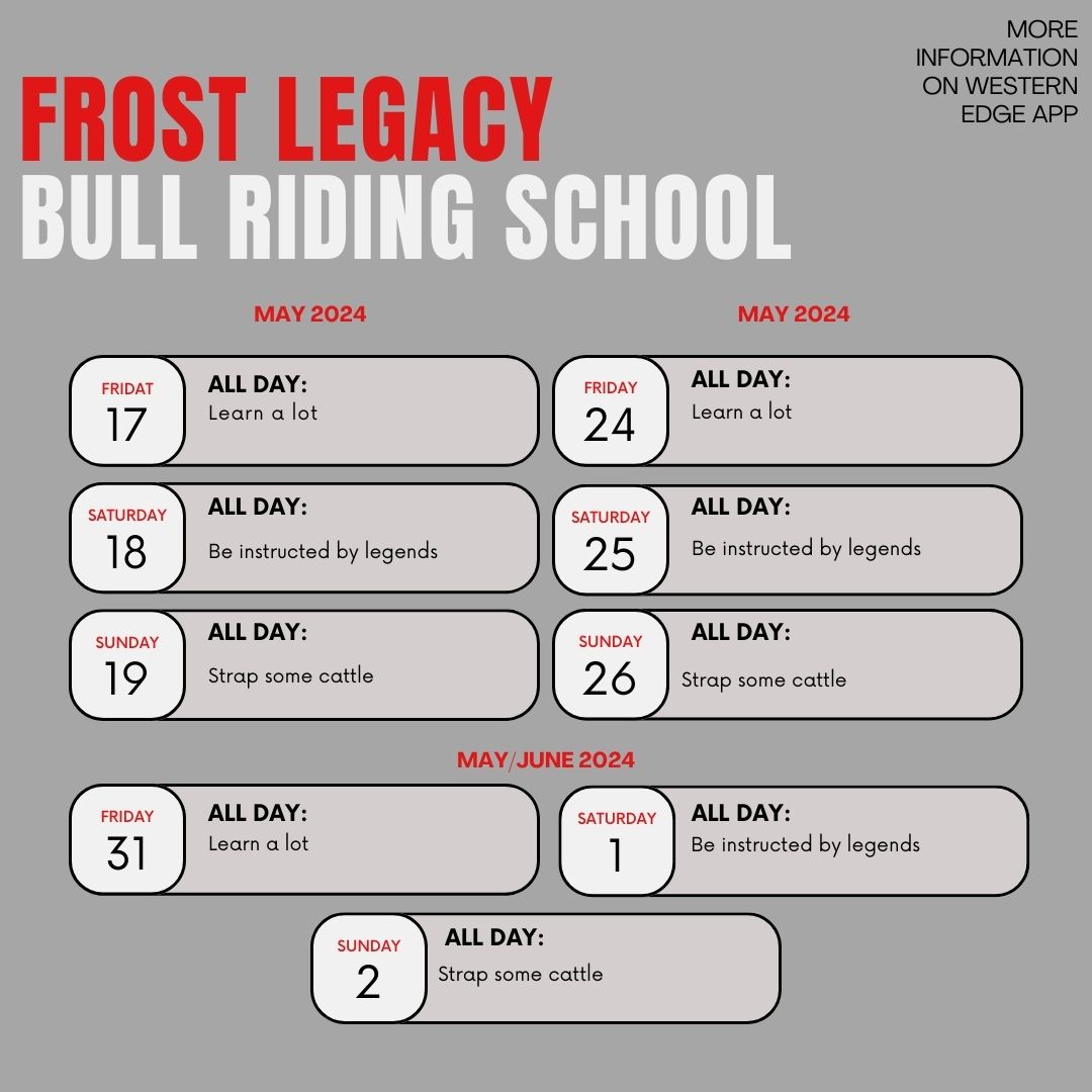 Schedule: Booked.🗓️✅
Head over to the Western Edge app to find more details about the Bull Riding school at the MC Frost Legacy Arena! #westernedgeapp #westernedge #money #pbr #bullrider #rank #rankride #cowboy #becowboy #cowboylife #cowboyshit #rodeo #rodeolife #rodeotime #b...