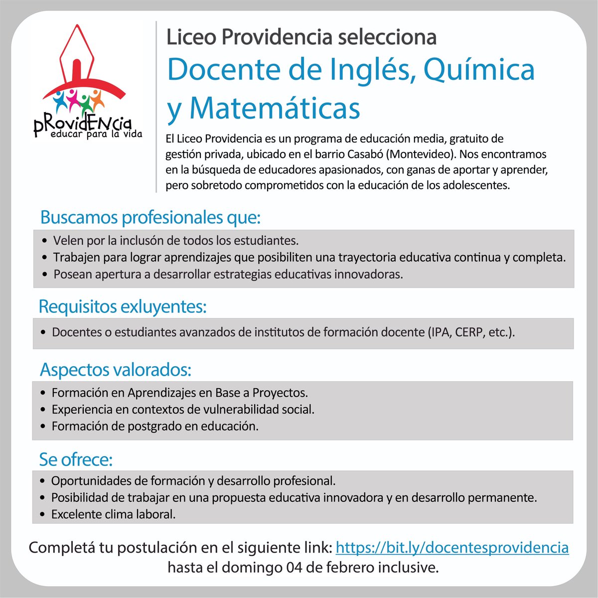 🔈LLAMADO: Providencia selecciona docente de Inglés, Química y Matemáticas. Te podés postular hasta el domingo 4 de febrero inclusive completando este formulario 👉
bit.ly/docentesprovid….