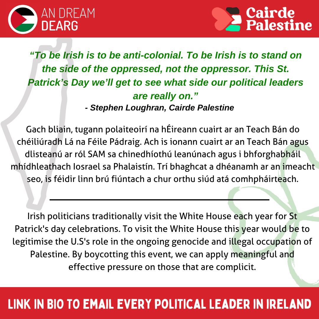 🍉Call for a White House BOYCOTT this St. Patrick’s Day 🍉 🚨Email every political leader in Ireland with one click 🚨 👏Over 40 solidarity groups across Ireland are endorsing this initiative 👏 @ipsc48 @TadhgHickey @_IAFP @dreamdearg 🔗dearg.ie/en/uirlisi/bag…