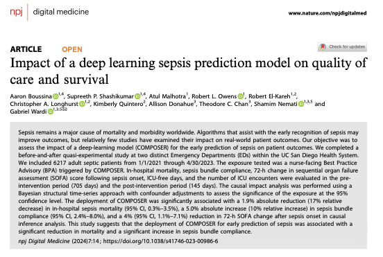 Great to see all the hard work / collaborative efforts on this finally published @npjDigitalMed - and amazing to see this #ML model saving lives in #sepsis @UCSDHealth! rdcu.be/dwPZO @ShamimNemati @ABoussina @AtulMalhotra13 @CALonghurst @acepccmsection @SepsisAlliance