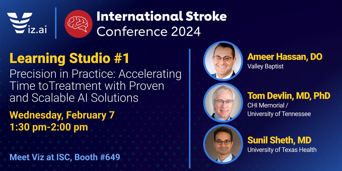 Join #TeamViz in 2 weeks at #ISC24 for a session in the Learning Studio. Drs. Ameer Hassan, Sunil Sheth and Thomas Devlin will explore the influence of AI in stroke care. Learn more and add the event to your calendar: viz.ai/events/isc-202… #AI #CareCoordination #VizaiOne