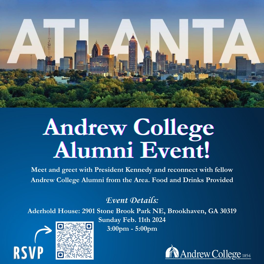 We are so excited for our next Alumni Event in Atlanta GA! We thank the Aderhold's for allowing us to use their home for this event. RSVP at the link below or use the QR code in the graphic! forms.gle/RzgPvpdnG45fWM…