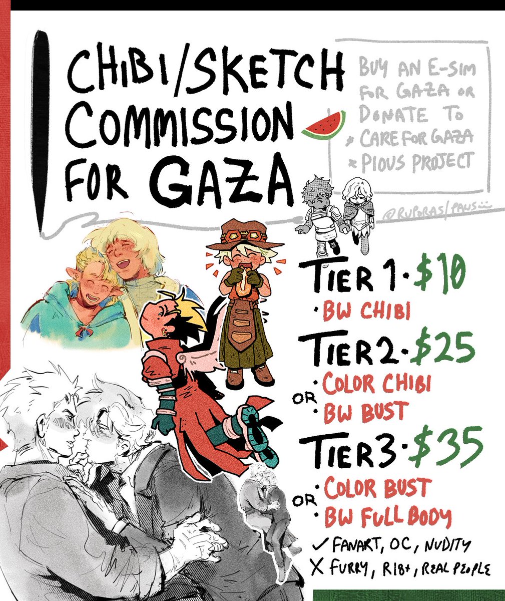 🇵🇸 ART IN EXCHANGE FOR DONATION 🇵🇸

hi, i'm taking chibi/sketch c0mms! all profit will go to e-sims donations and the mentioned organizations. payment accepted through ko-fi or proof of donation through DMs/email✉️ open until 2/1

🖇️more details below ⤵️