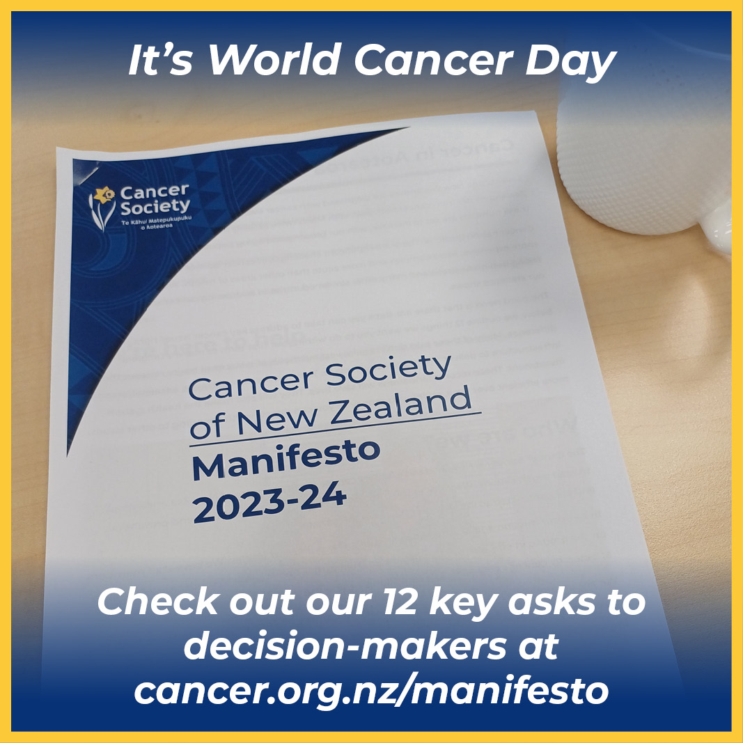 It's World Cancer Day. At the Cancer Society we are focused on #closingthecaregap. Our recently released 2023-24 Manifesto includes 12 key asks we have posed to decision-makers to improve cancer outcomes in Aotearoa/NZ. Check out the Manifesto summary at bit.ly/3vOurSm