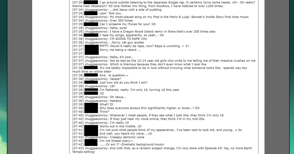 wersterlobe's tweet photo. Re: Chuggaaconroy

I'm sharing the story of a close friend of mine, to allow her to maintain anonymity.

She feels it's relevant to share, given the dynamic started when she was 15 years old, and he was 19.

You can read her whole statement and logs here: https://t.co/uT0a6XUf8l https://t.co/4etKgPB7sG