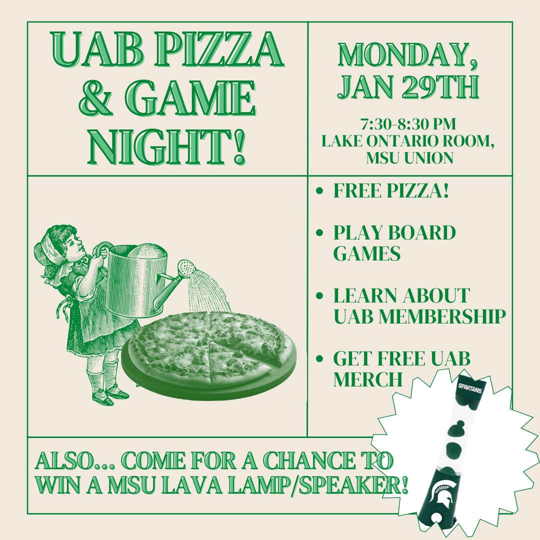Do you wanna see what UAB is all about? Stop by the Lake Ontario Room this Monday for pizza, board games, free shirts/sweatpants and learn how we plan our events and how you can get involved!

Not to mention.. you could win an MSU lava lamp/speaker! See you there!