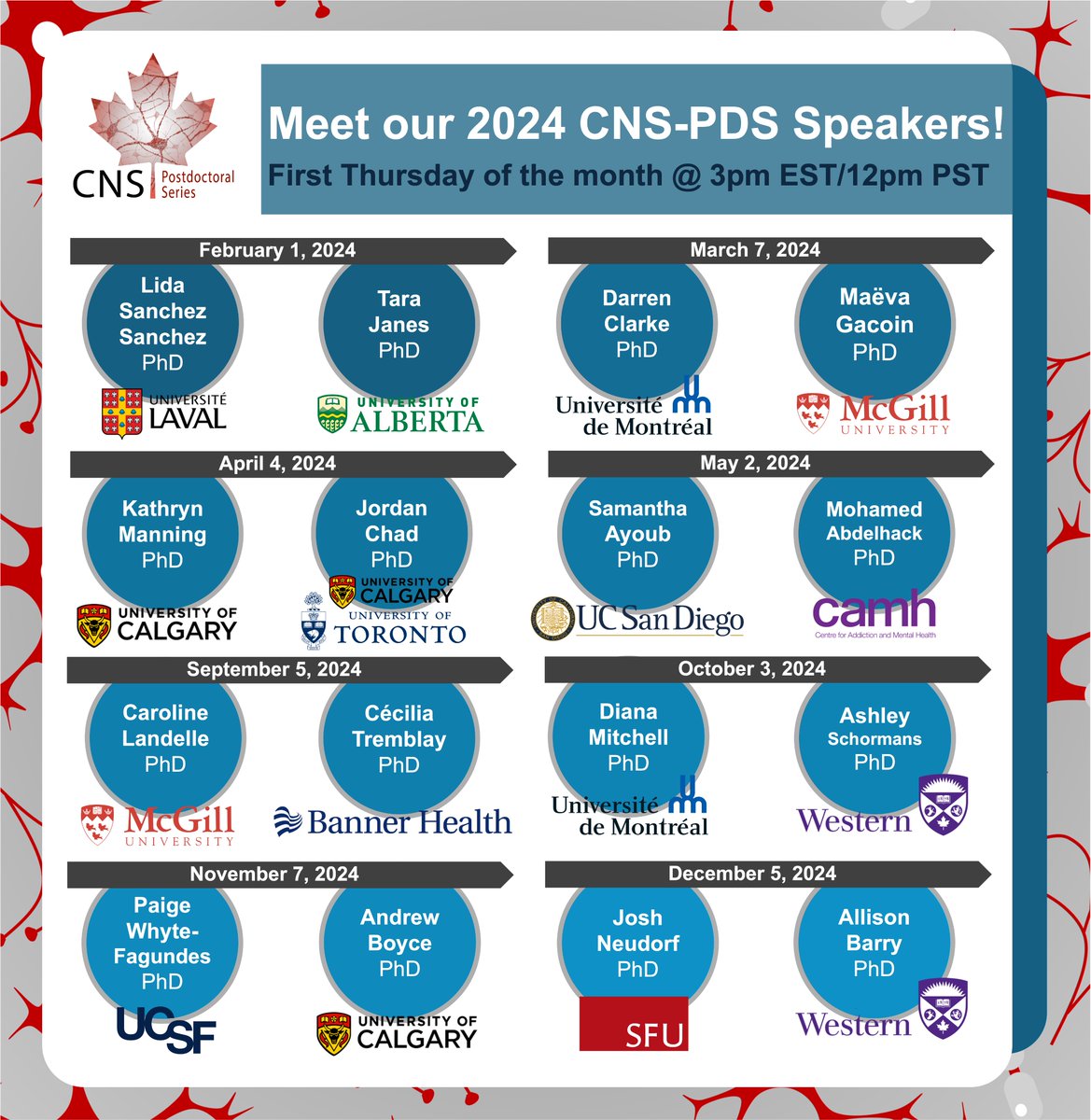 We are very excited to announce this year's lineup of speakers! Congratulations to all! Save the dates on your calendar. We will meet on the first Thursday of each month @ 3pm EST/12 pm PST. 
Info on 1st session coming soon. Stay tuned! #brain #neuroscience #Canada #science #STEM