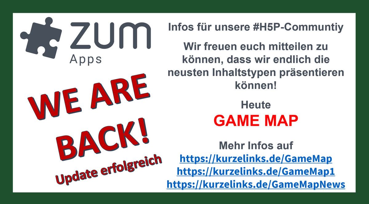 ZUMApps's tweet photo. Liebes #TwLZ, unser #Wowdw geht die  IT-Abteilung vom @ZUMTeam für das #update von #ZUMApps.
Hier #H5PTolleTypen mit #GAMEMAP von @otacke! https://t.co/KG2m1SF7DW
https://t.co/sBndoKG1R5
https://t.co/vQBV2E6p41
#OER #OERde #moodle https://t.co/RsUSURW0Ec