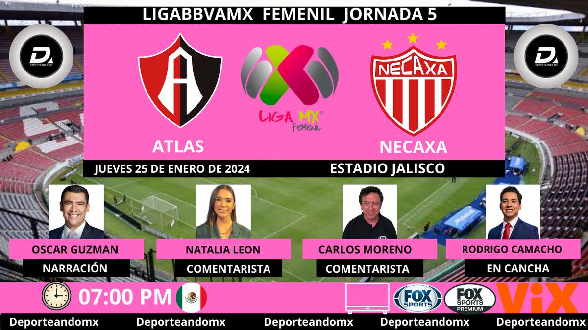 #Atlas vs #Necaxa #LigaBBVAMXFemenil 
🎙@guzmanjuegue
🎙@_NataliaLeon_ 
🎙@carlosmoreno_w 
🎙@rodrigocamacho_ 
#FOXSports #FoxSportsPremium #VIX #LigaFemenilxFSMX #VixEnEllas.