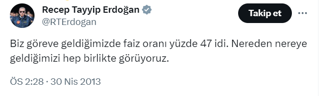Erdoğan bu twiti attığında;

Dolar            : 1.80 ₺
Euro              : 1.85 ₺
Enflasyon   : %7.66
Motorin       : 4.00 ₺
Benzin          : 4.50 ₺
Ekmek          : 0.50 ₺
1 litre süt      : 1.00 ₺
Coca Cola   : 3.00 ₺
Frito Cips     : 3.00 ₺
Ayçiçekyağı : 3.00 ₺
1 kg…