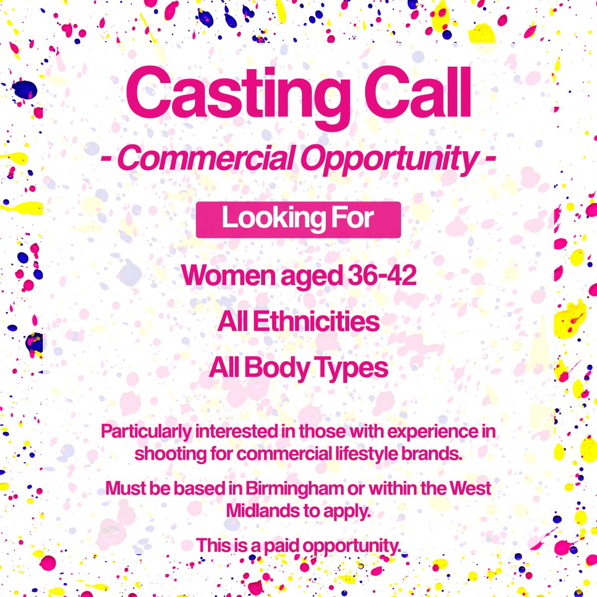 LensFlareProds's tweet photo. #CastingCall - PAID COMMERCIAL OPPORTUNITY

♀️ Women aged 36-42
🩷 All Ethnicities
🦿 All Body Types

Commercial #Filming Opportunity for female #actress #actor based in #Birmingham , #UK 🇬🇧

#mediajobs #casting #ukmedia

https://t.co/WXL9rl3co4 https://t.co/JvGwppBtIe