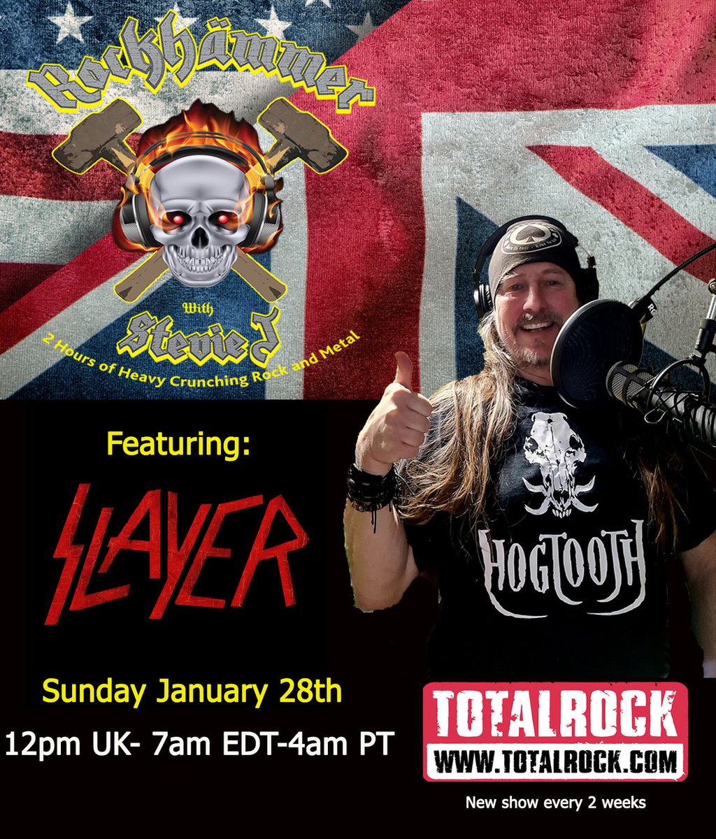 Its all going a bit hectic Sunday on #Rockhammer because @Slayer are in town! I'll be bringing you new tracks from @SaxonOfficial @AshenReach @TransitMethod @TheObsessedOFC as well as classics from @judaspriest @Anthrax & @myMotorhead Pop in the chat tinyurl.com/3v26adxr 👍