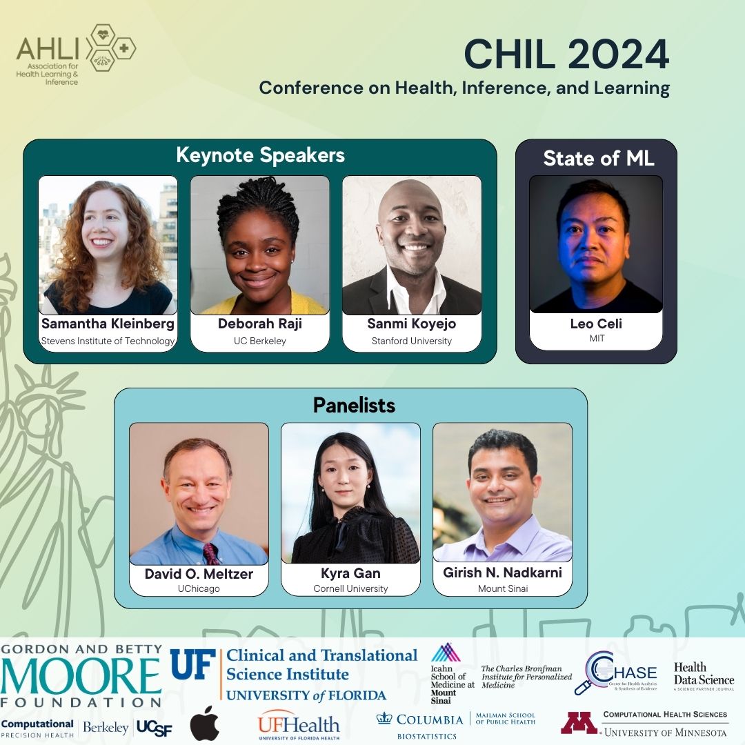 Exciting News! CHIL 2024 features a stellar lineup of speakers and panelists. Get ready to dive into the latest innovations in computing, healthcare, and AI with Samantha Kleinberg, @sanmikoyejo, @rajiinio, Leo Anthony Celi, @davidomeltzer, Kyra Gan, and @girish_nadkarni! 🌟
