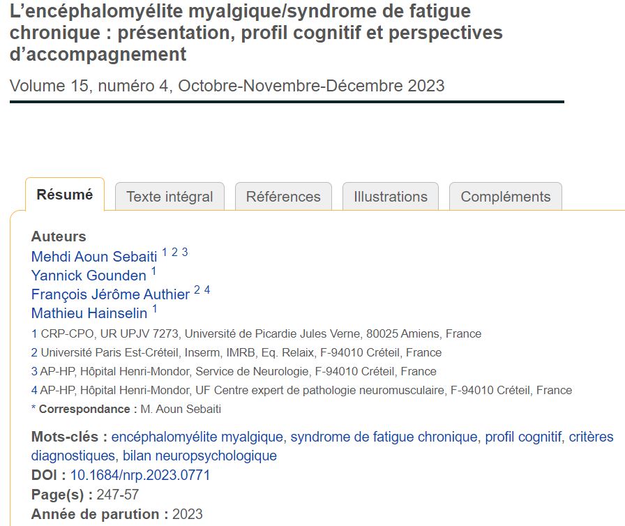 🆕 📰 Nouvel article de notre équipe 

🤝 Mehdi Aoun Sebaïti, Yannick Gounden, François-Jerome Authier et moi avons publié une synthèse sur l'encéphalomyélite myalgique / syndrome de fatigue chronique (EMSFC)