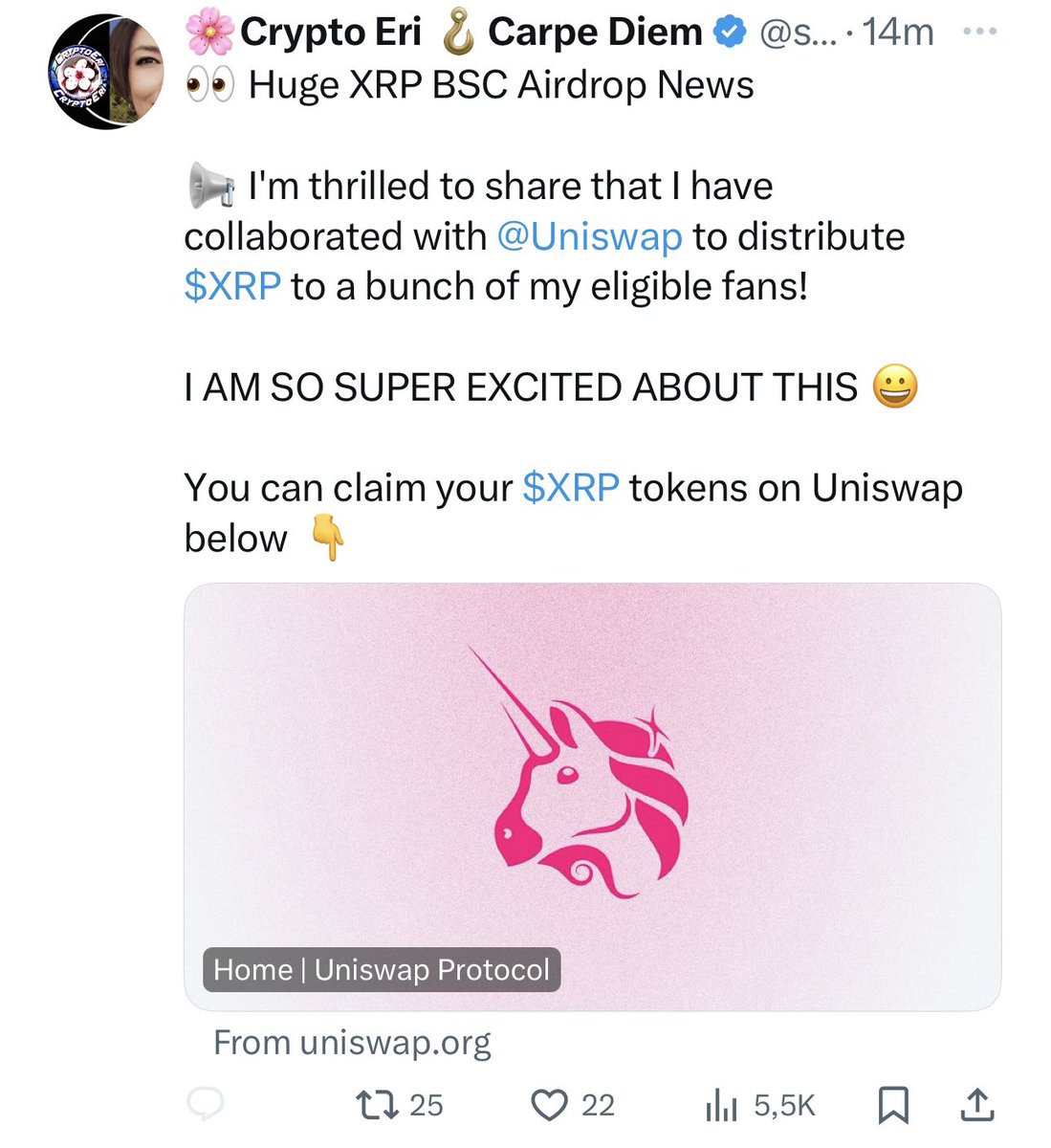 🚨Please be careful !!

Crypto Eri sccount got hacked, please don't click any links on her profile !!

Be careful and don't interact with her posts right now!!!