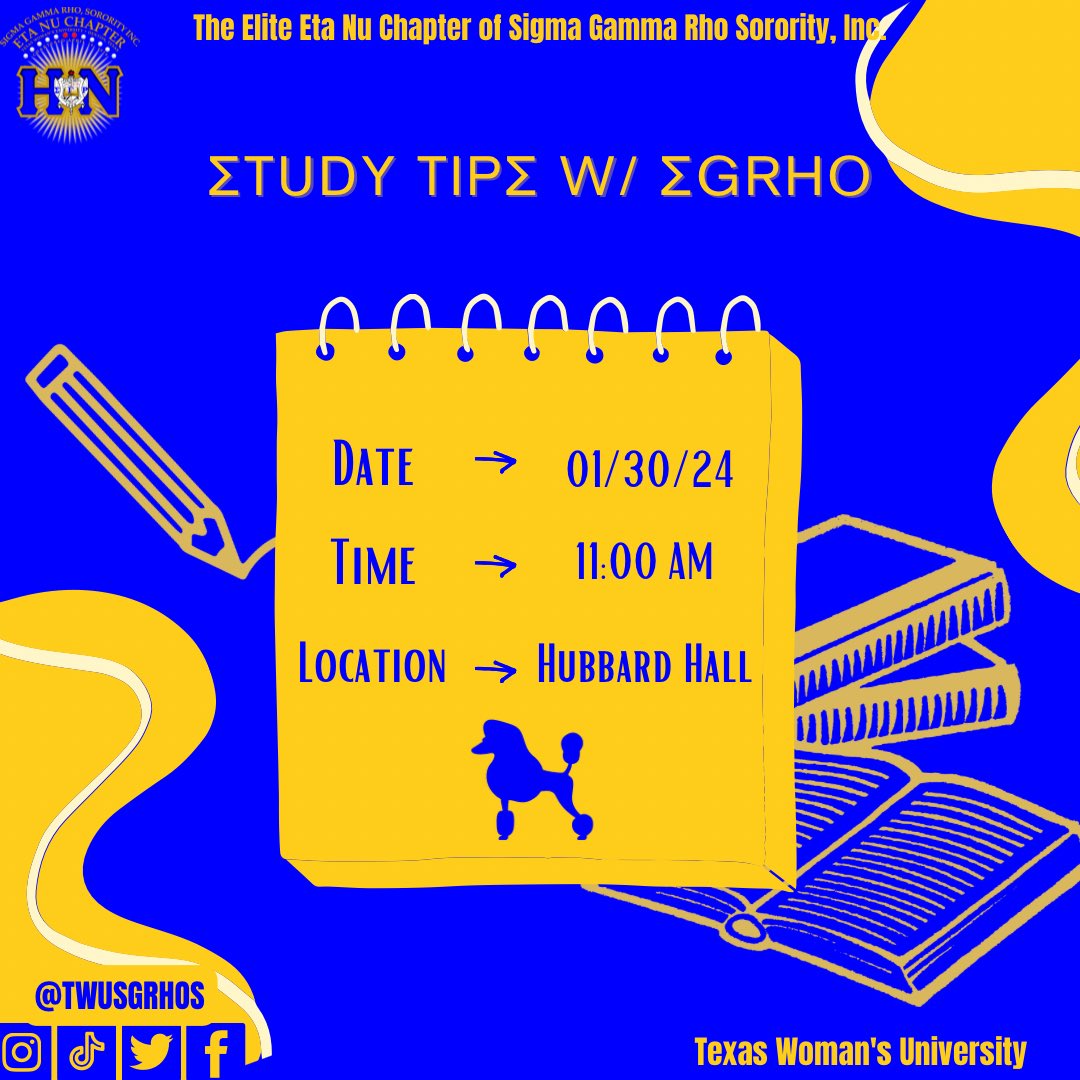 Stop by and visit your favorite Poodles for #Greater study tips, motivation and a sprinkle of sisterhood! 💙🐩💛
 #PrettyPoodles #EtaNuUniversity