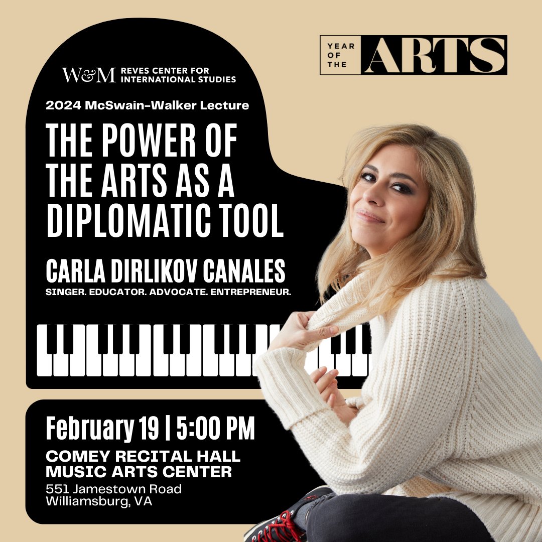 I am looking forward to visiting @williamandmary as this year’s McSwain-Walker lecture speaker! Excited to speak on my favorite topic, the power of the arts! #culturaldiplomacy