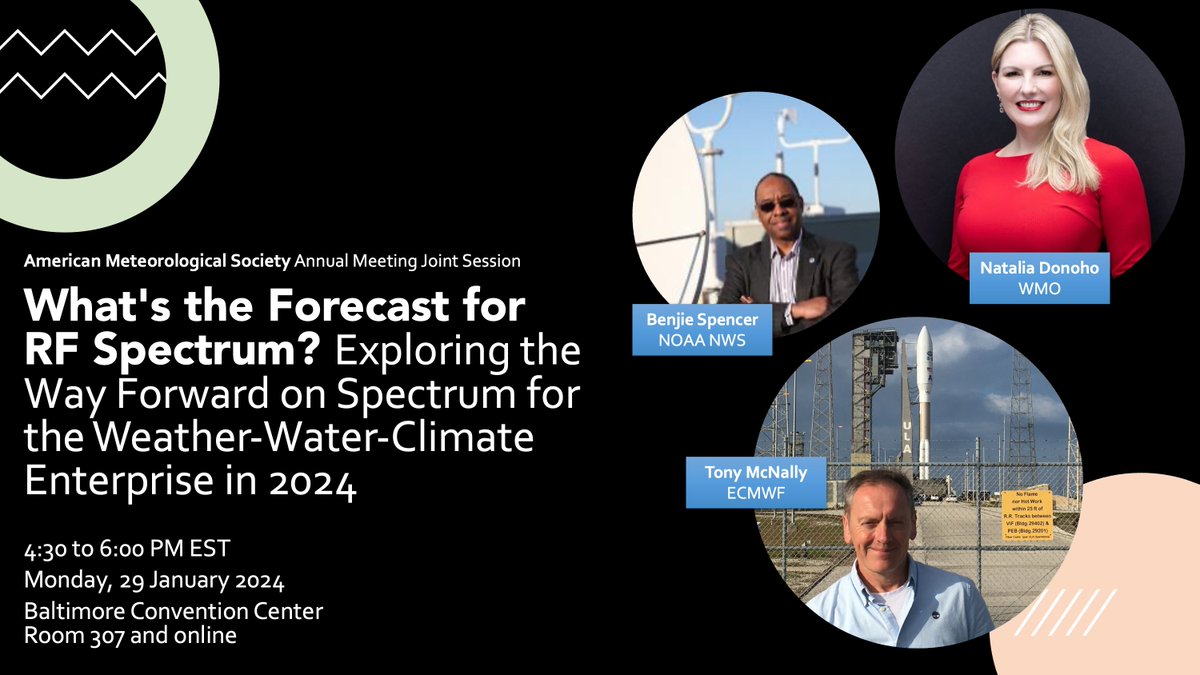 🔊 JOIN US MONDAY, JANUARY 29, at 4:30 PM EST, in the Baltimore Convention Center Room 307 and online

#AMS2024 Joint Session on Radio Frequency Spectrum: "What's the Forecast for RF Spectrum? Exploring the Way Forward on Spectrum for the Weather-Water-Climate Enterprise in 2024"