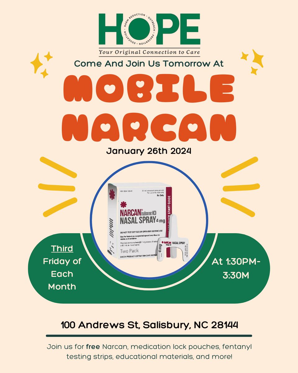 Join us TOMORROW for our first-ever mobile Narcan pop-up site in Spencer. Starting this week, we'll be in Spencer every fourth Friday of the month, with rotating locations each week.

#Rockwell #RowanCountyNC #Narcan #OverdosePrevention #SaveALife #EndStigma #Recovery #Community
