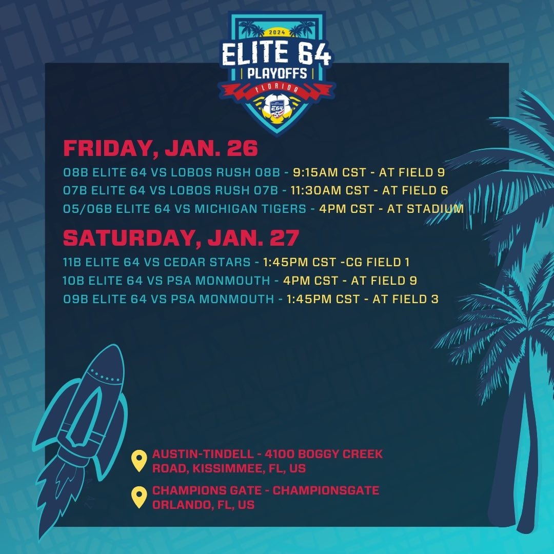 USYS E64 Playoffs continue this weekend with our boys teams!  Six teams travel to Orlando for a chance to advance to the second playoff in Tampa in February!  Each team’s schedule depends on their results!  First games kick off tomorrow!
Good luck to all teams!
•••
#tocafc