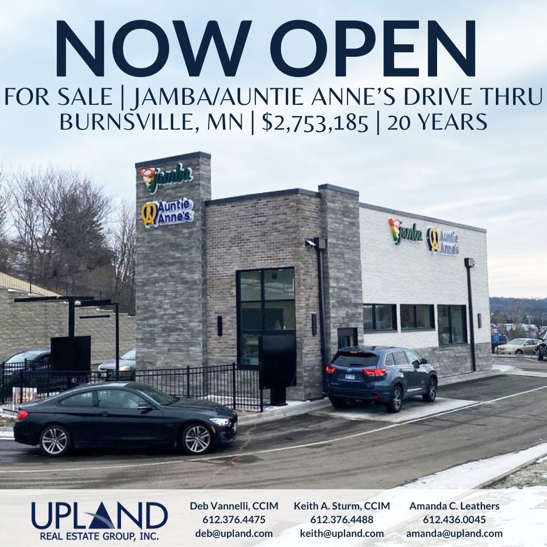 Recently opened $2.7M Jamba/Auntie Anne’s Drive Thru in Burnsville, Minnesota! Long term 20 year, NNN lease with 10% increases every 5 years.

Please contact Deb Vannelli for more information.

#netleaseinvestments #commercialrealestate #investmentproperty
