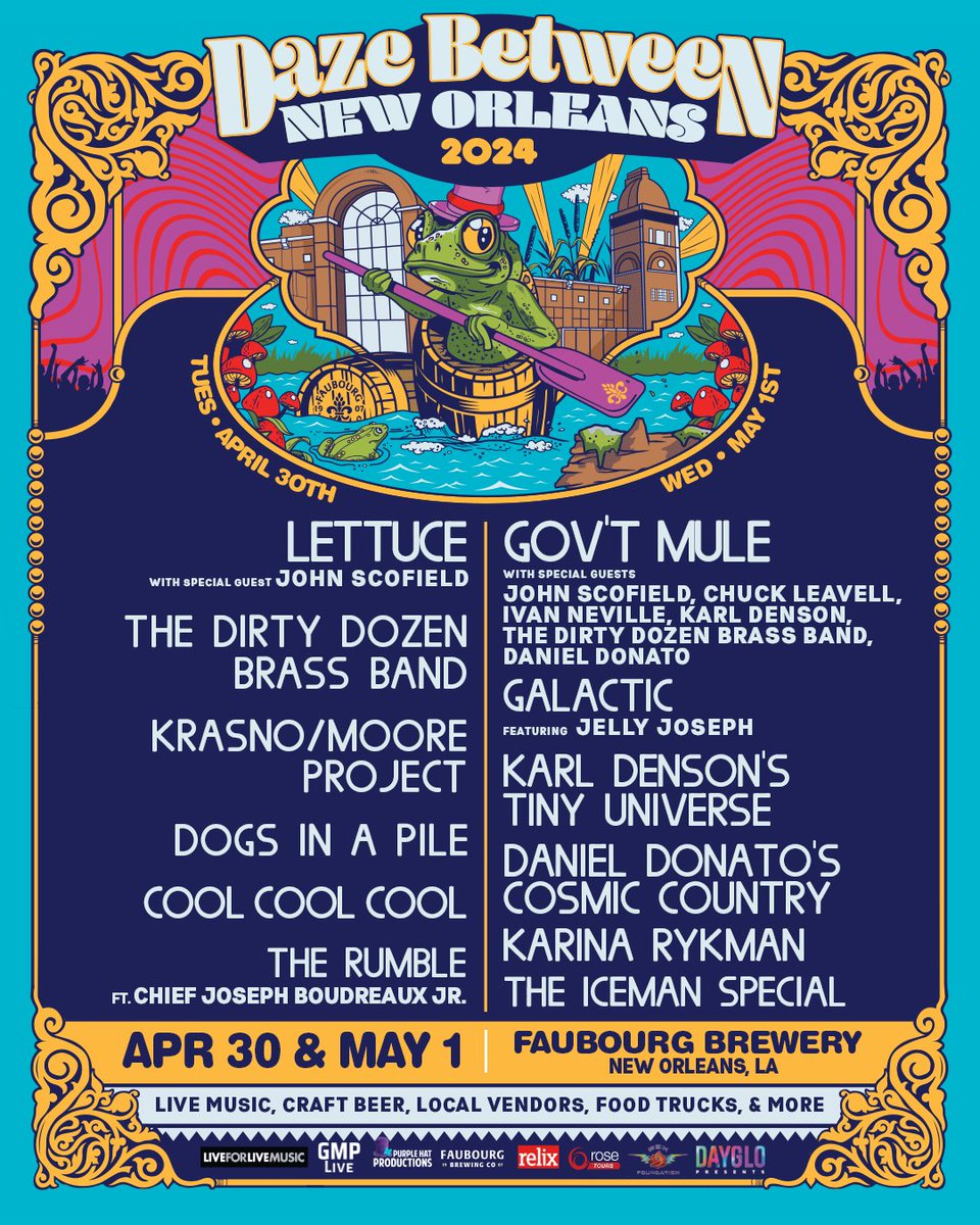 The #DazeBetweenNOLA lineup is HERE! Returning to Faubourg for a 3rd year of live music, local food, &amp; craft beer on Tues 4/30 &amp; Wed 5/1 feat. headlining sets from Gov't Mule &amp; Lettuce! 

🎫 On sale tomorrow, Fri 1/26 11 AM CT
🔗 dazebetweennola.com

🎨 Hoverchair Studios