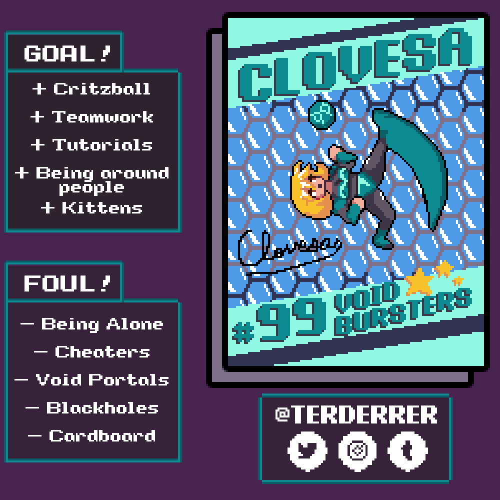 terderrer's tweet photo. Here's my entry for the second #DatingSimCollab organised by @batfeula
Clovesa is the one who teaches the player the obligatory mini game that you need to play to get someone's Ultimate attack ( it's not optional )
#pixelart https://t.co/sxZfox9PMW