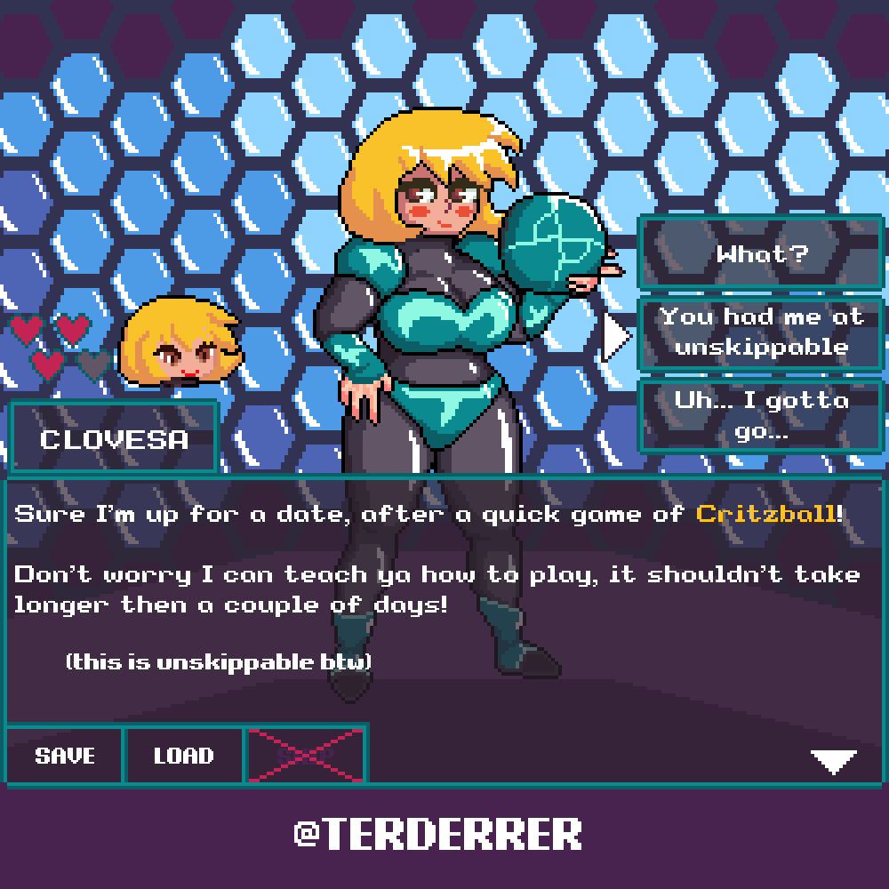 terderrer's tweet photo. Here's my entry for the second #DatingSimCollab organised by @batfeula
Clovesa is the one who teaches the player the obligatory mini game that you need to play to get someone's Ultimate attack ( it's not optional )
#pixelart https://t.co/sxZfox9PMW