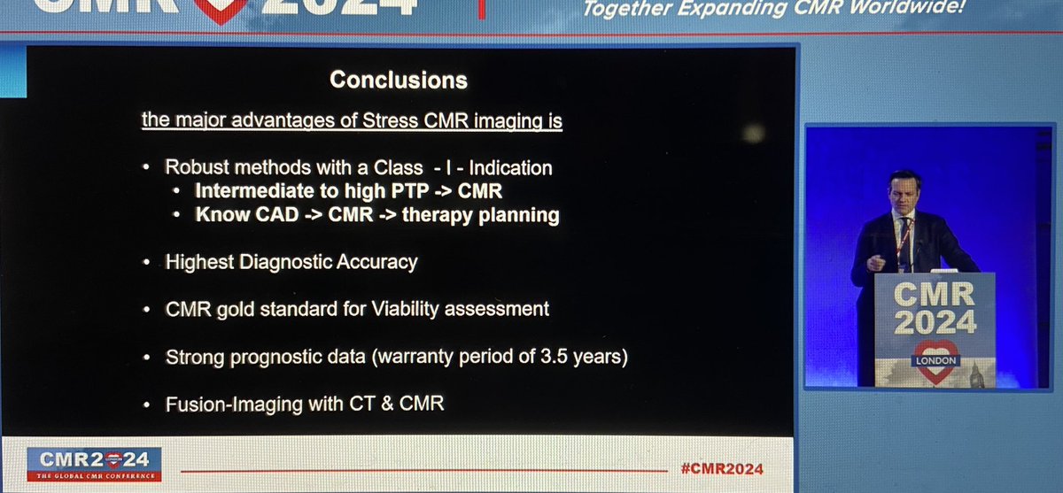 Great overview of importance of stress perfusion CMR in contemporary practice from diagnosis to prognosis by <a href="/rmanka_/">Robert Manka</a> at #CMR2024

Combine with cardiac CT for multimodality approach of anatomical + functional testing

<a href="/SCMRorg/">Society for Cardiovascular Magnetic Resonance</a> #EACVI <a href="/vass_vassiliou/">Vass Vassiliou</a> <a href="/Sarah_Moharem/">Sarah Moharem Elgamal, MBBCh, MSc, PhD👩🏻‍⚕️🫀</a> <a href="/C_VanDeHeyning/">Caroline Van De Heyning</a>