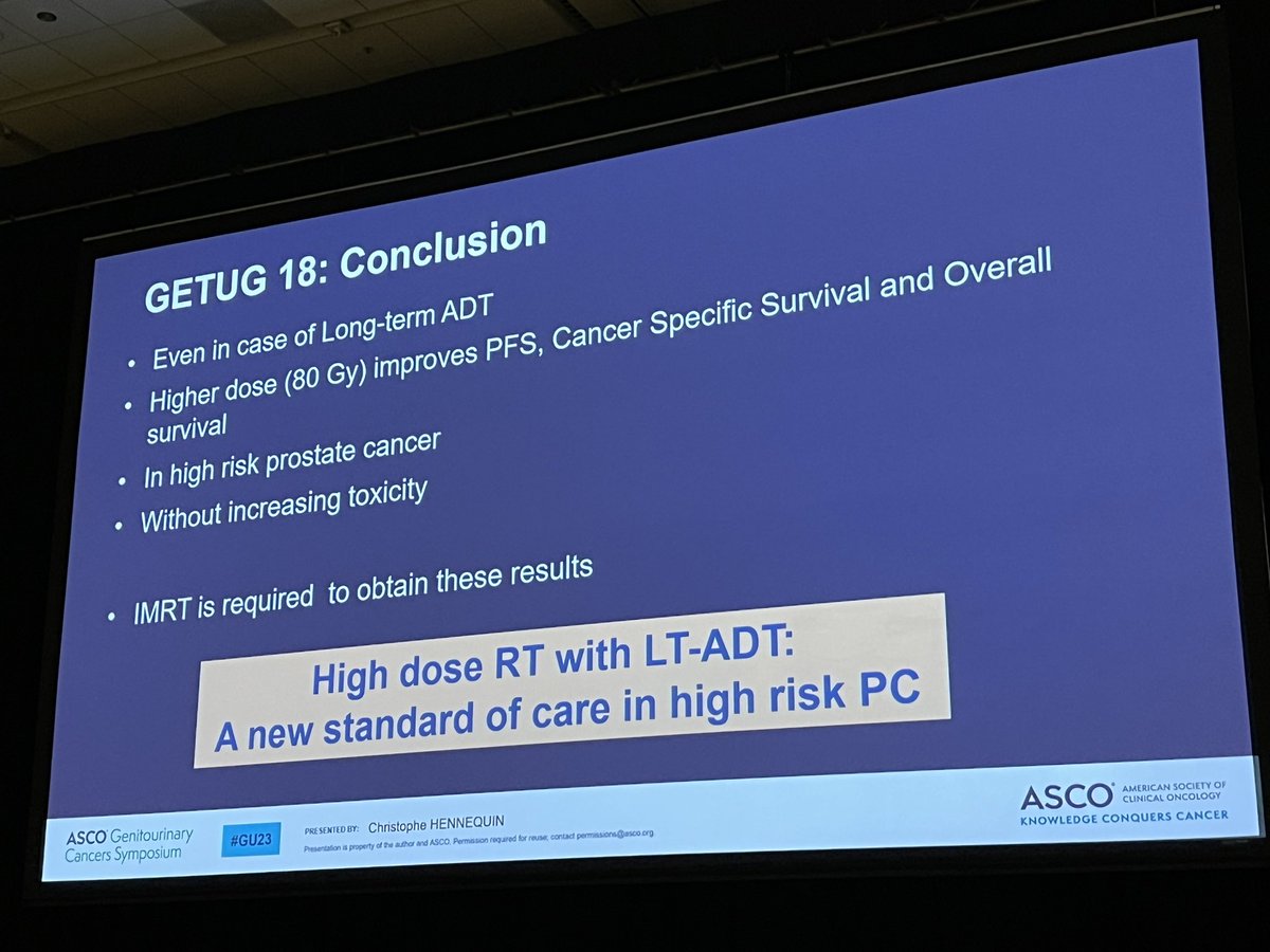 Dr. Hennequin presented updated long term results of GETUG-18 trial in patients with high risk localized prostate cancer, comparing 2 different doses of radiotherapy (70 vs 80Gy). It is reassuring to see that 80Gy treatment showed improvement in PFS, cancer specific survival and…