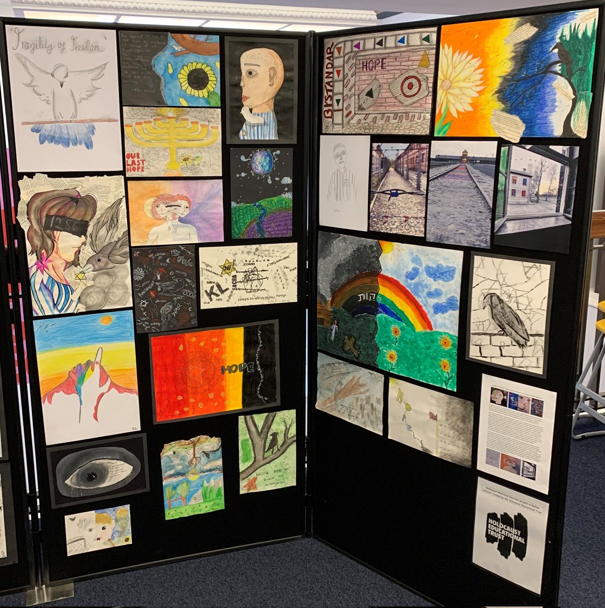 'Fragility of Freedom,' our Bolton schools Holocaust Memorial Day Arts Project is now on display @BoltonLMS. Open to all to go & see the wonderful art from students @HarperGreen @LadybridgeHigh @KearsleyAcademy @SJCES @TheUCSchool & a local EHE group. Running until 11.02.24.
