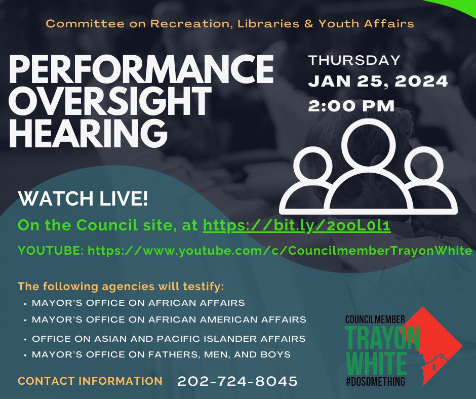 🚨HEARING NOTICE The Committee on Recreation, Libraries & Youth Affairs will hold a Performance Oversight Hearing at 2:00 PM. 🎥Watch Live YOUTUBE: youtube.com/c/Councilmembe… FACEBOOK : Facebook.com/trayonwhite On the Council site: bit.ly/2ooL0l1