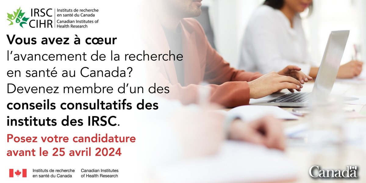 🌟🇨🇦 Vous avez de l’expérience dans la recherche, l’élaboration de politiques ou la participation de la communauté? Intégrez un conseil consultatif d’institut des IRSC et contribuez à dessiner l’avenir de la recherche en santé au Canada! En savoir plus : cihr-irsc.gc.ca/f/18156.html