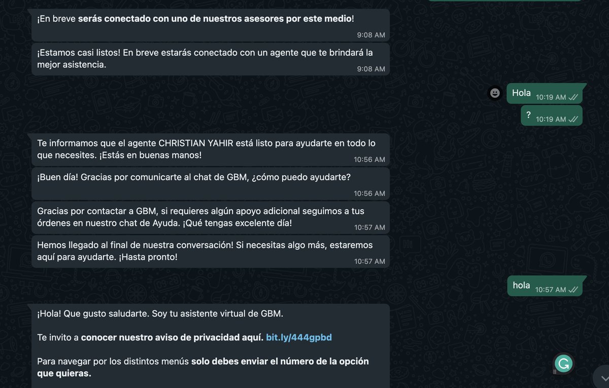 rodri199270's tweet photo. @GBMplus que pesimo servicio al cliente tienen, horas esperando hablar con alguien en whats y en menos de un minuto en lo que checo mi telefono se desconecta y tengo que empezar de nuevo. Solo dan ganas de pasarse a otra plataforma. https://t.co/a4ehvswVyU