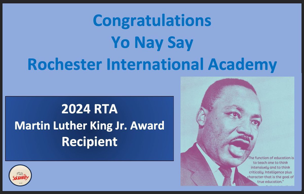 Congratulations to Yo Nay Say from Rochester International Academy (Elementary), a recipient of the 41st Annual RTA Martin Luther King. Jr. Awards.
#RTAUnited4Kids <a href="/RCSDRIA/">RIA</a>